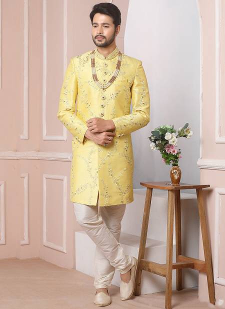 Lemon Colour New Ethnic Wear Mens Banarasi Silk Sherwani Collection 1654
